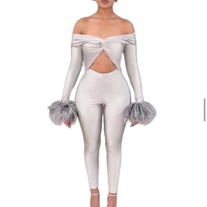 Silver Satin Jumpsuit with Feather Cuffs